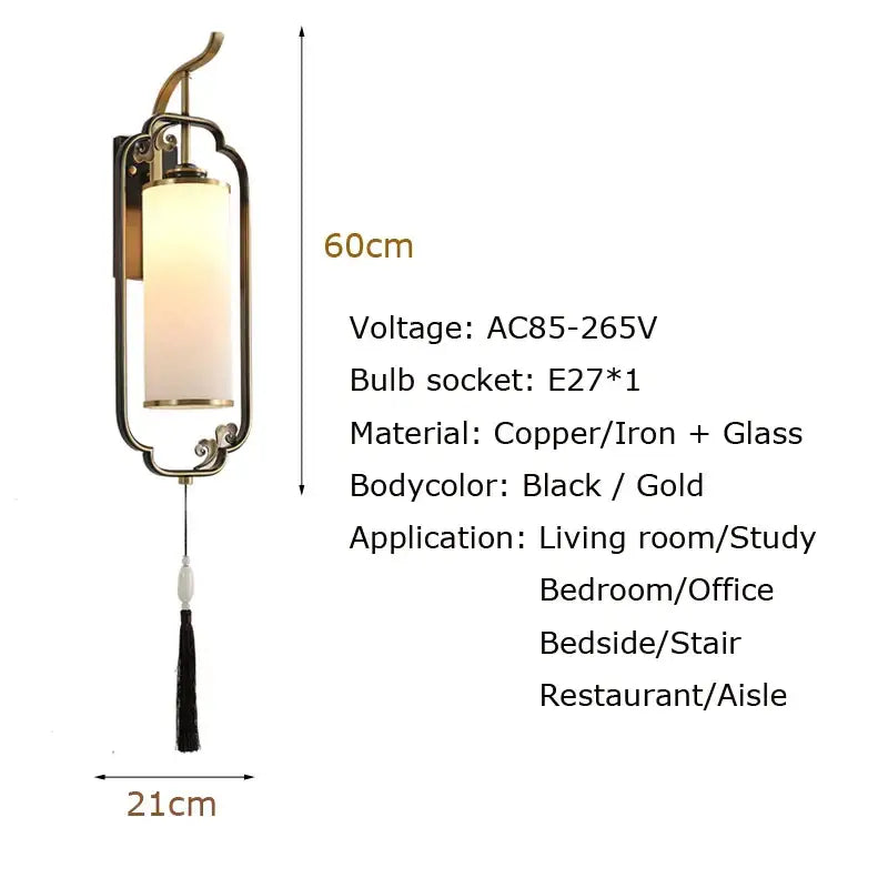 Elegant black and gold copper-iron decorbites glass wall lamp with frosted glass shade and tassel for living room and bedroom