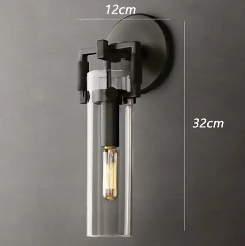 Black metal and clear glass wall lamp with exposed Edison bulb 32cm height decorbites glass wall lamp industrial style