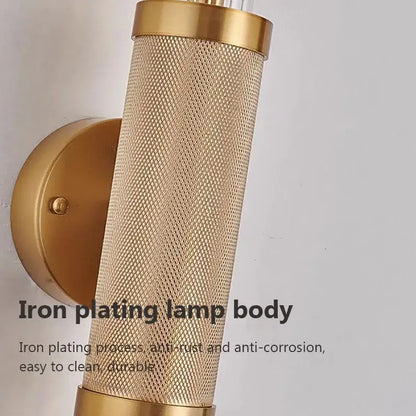 Gold-toned decorbites glass wall lamp with textured mesh body and polished brass accents led light for home decor