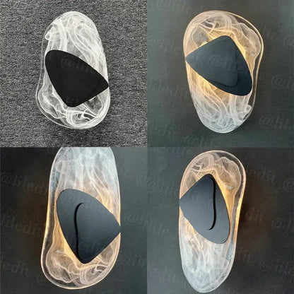 Decorbites glass wall lamp LED sconce with transparent swirling resin and black triangular accent for bedroom and living room