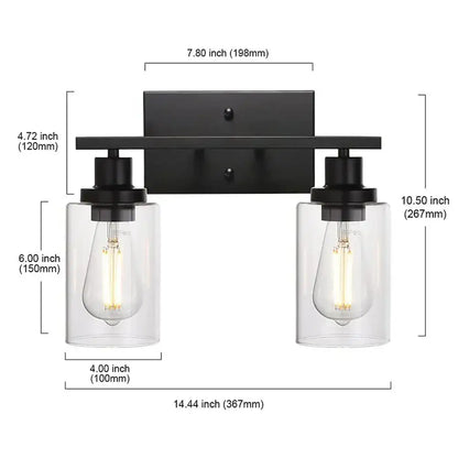 Black metal decorbites glass wall lamp with two clear glass cylinders and vintage filament bulbs for modern indoor lighting
