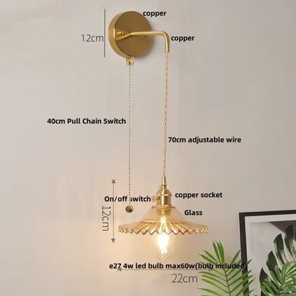 Gold-toned copper decorbites glass wall lamp with frilled glass shade and adjustable 70cm wire pull chain switch