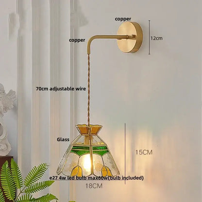 DecorBites glass wall lamp with vintage copper sconce and green yellow floral stained glass shade with pull chain switch