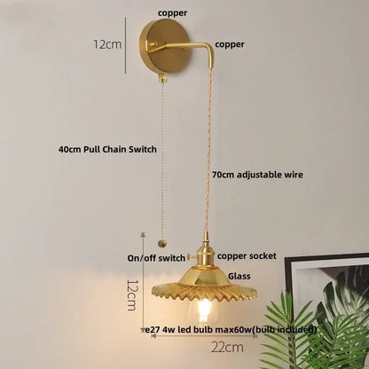 Copper DecorBites glass wall lamp with fluted glass shade and adjustable pull chain switch for versatile lighting