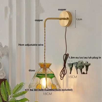 Decorbites glass wall lamp vintage-style copper wall lamp with green and yellow floral stained glass lampshade