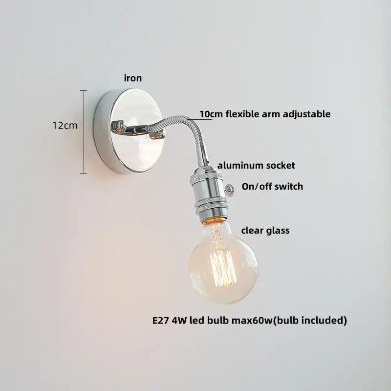 Chrome-finished DecorBites™ wall light fixture with flexible 10cm arm, aluminum socket, clear glass bulb, Nordic design