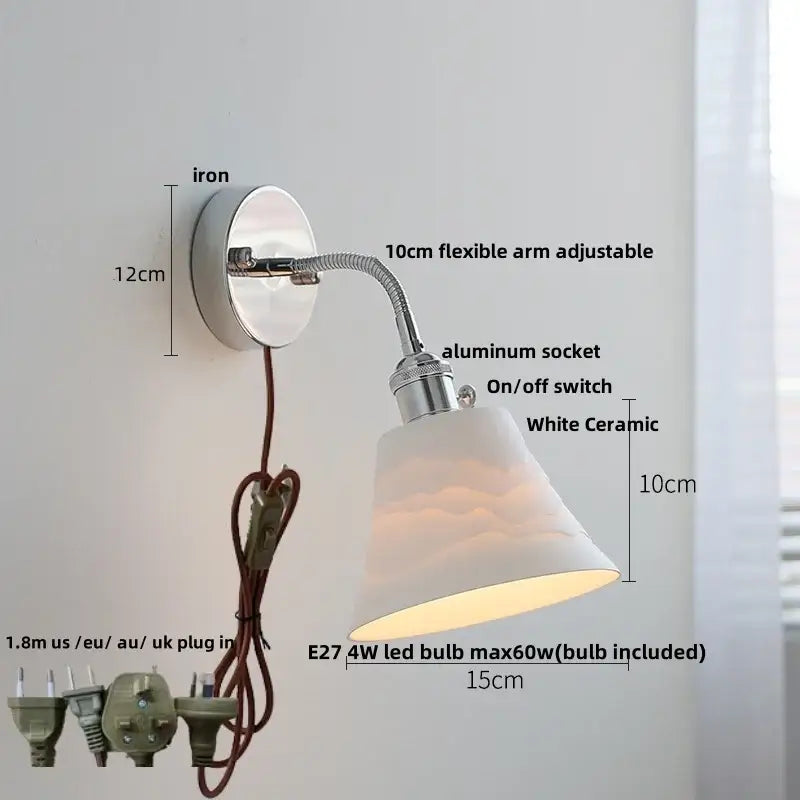 Adjustable wall light fixture with chrome iron base, flexible gooseneck, and white ceramic shade by decorbites
