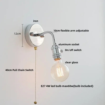 Decorbites™ chrome finished industrial wall light fixture with flexible arm aluminum socket and clear glass bulb