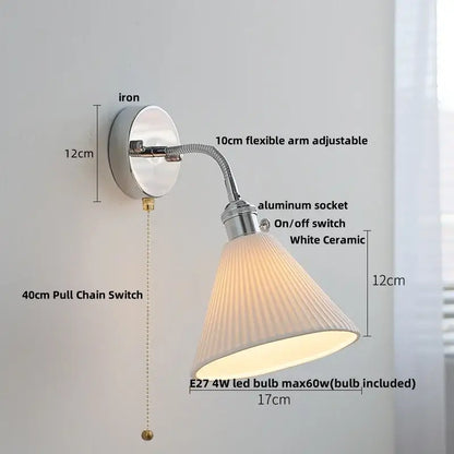 White ceramic wall light fixture with ribbed conical shade and chrome metal arm from DecorBites modern Nordic design