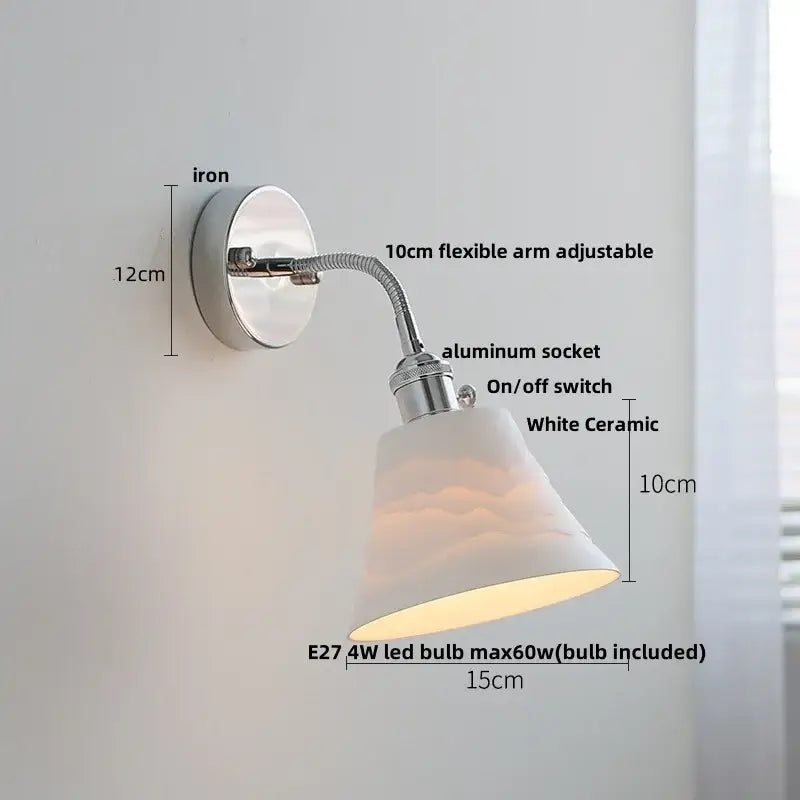 DecorBites™ wall light fixture with chrome iron base, adjustable arm, white ceramic shade, and pull chain switch