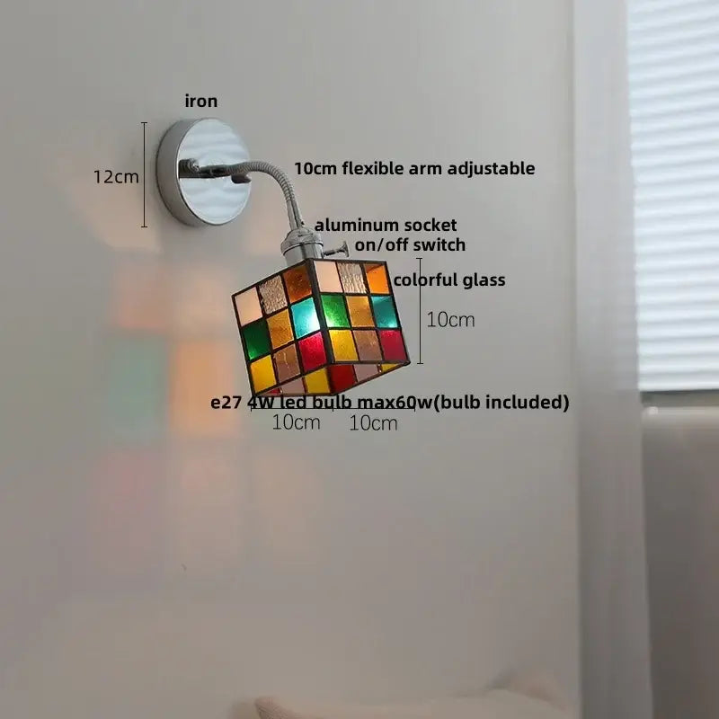 DecorBites™ modern nordic glass wall light fixture with colorful stained glass cube lamp and adjustable iron arm