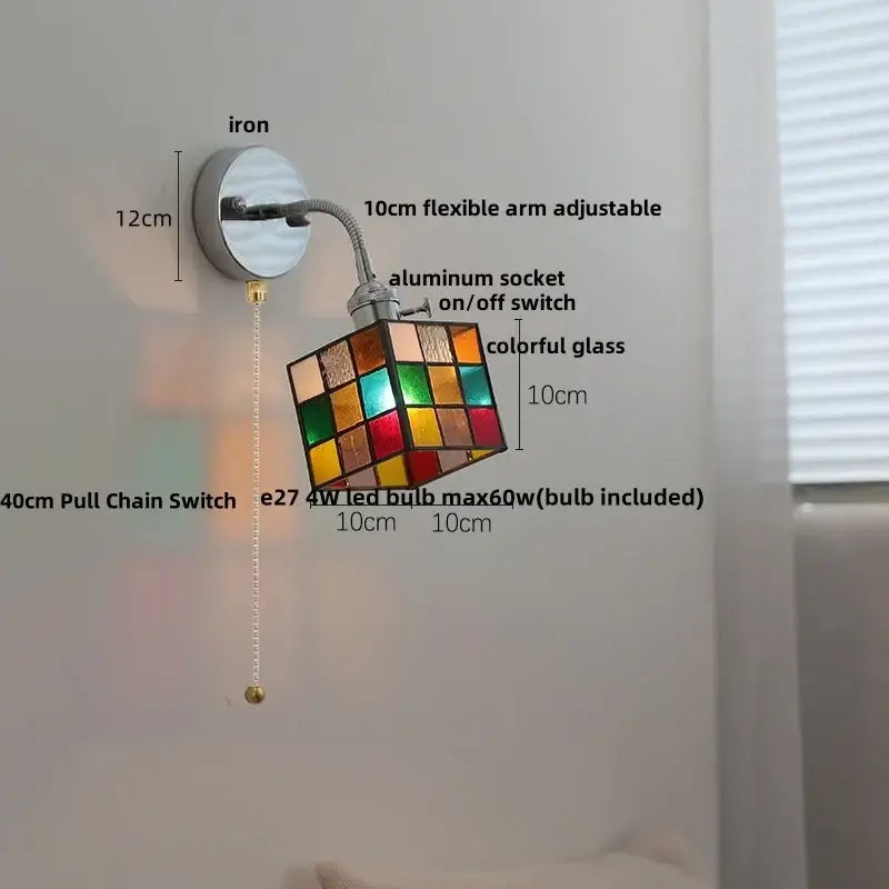 DecorBites™ colorful stained glass cube wall light fixture with adjustable arm and pull chain switch modern Nordic design