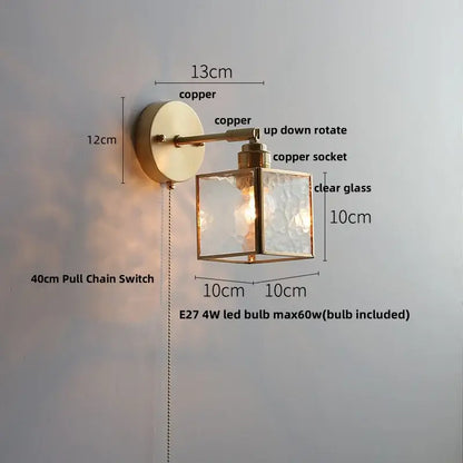 Copper-finished decorbites glass wall sconce with square clear glass shade and adjustable rotating arm for wall light
