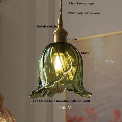 DecorBites green glass tulip pendant light with copper iron canopy and adjustable wire for wood led pendant lighting