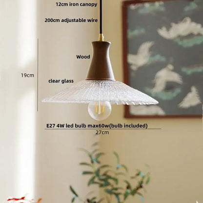DecorBites warm-toned wood led pendant light with textured clear glass shade and iron canopy for home and restaurant lighting