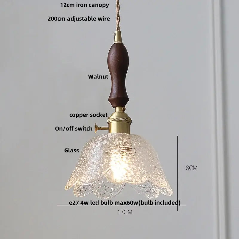 Decorbites glass and wood led pendant lights featuring textured glass with dark walnut wood handle and brass accents