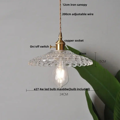 DecorBites™ clear glass pendant light with scalloped canopy and brass wood led pendant for home and restaurant lighting