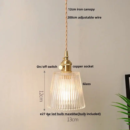 DecorBites™ vintage-style pendant lights with brass iron canopy copper socket and clear ribbed glass shade for home decor
