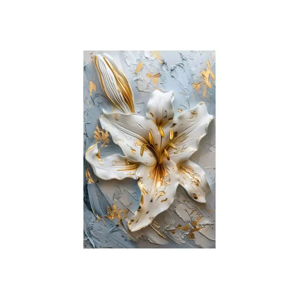 Decorbites gold and white floral 3d canvas wall art featuring a white flower canvas with gold leaf accents and textured background