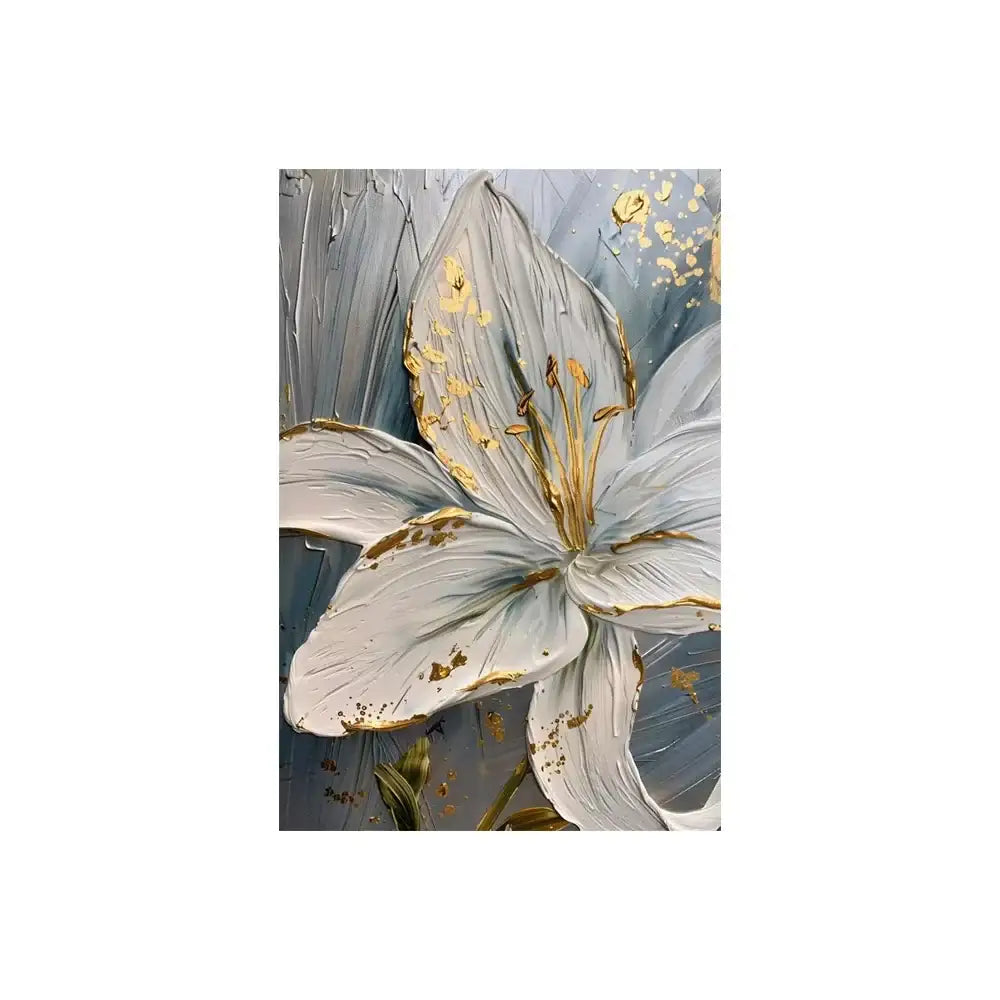 DecorBites gold and white floral 3d canvas wall art featuring a textured white flower canvas with gold leaf accents