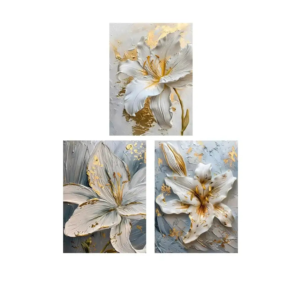 Decorbites™ gold and white floral 3d canvas wall art featuring textured white flower canvas with gold leaf accents