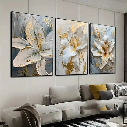 Decorbites gold and white floral 3d canvas wall art featuring three-panel white flower canvas with gold accents and textured brushstrokes framed in black