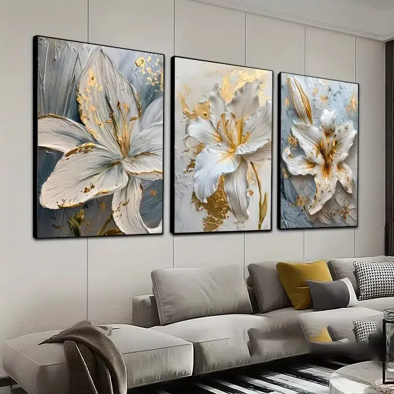 Three-panel DecorBites wall art featuring textured white flower canvas with gold accents on a muted gray background