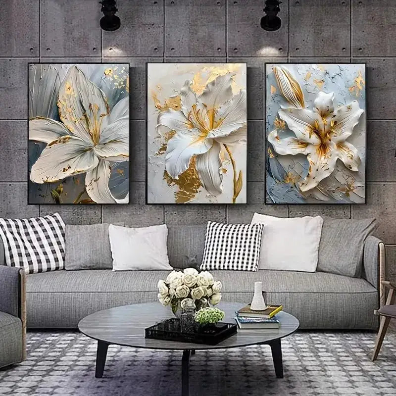 DecorBites™ gold and white floral 3D canvas wall art with white flower canvas and gold accents on concrete wall