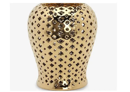 Gold ceramic carved temple jar with intricate perforated floral patterns for elegant home decor