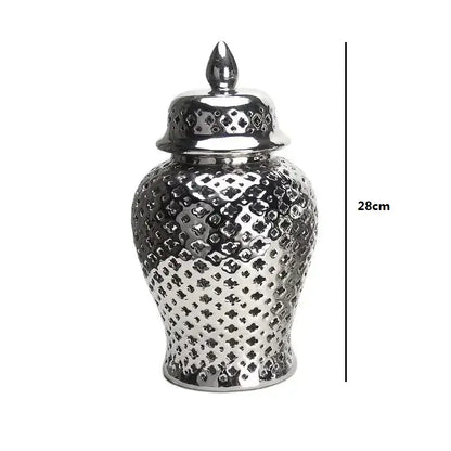Decorbites gold ceramic carved temple jar with silver diamond-patterned ginger jar and matching lid for home decor
