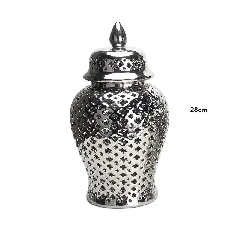 Decorbites gold ceramic carved temple jar with silver diamond-patterned ginger jar and matching lid for home decor