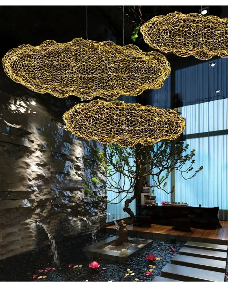 Decorbites™ gold cloud pendant lights featuring golden wire mesh design for home and restaurant lighting decor