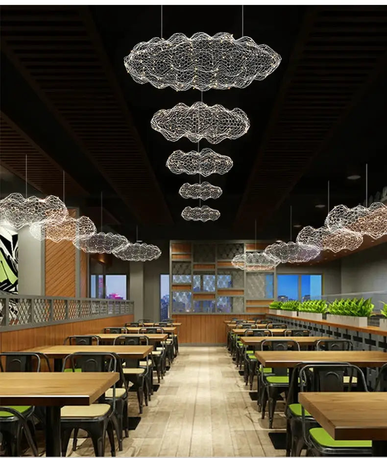Decorbites gold cloud pendant lights feature delicate wireframe mesh and translucent white finish for home and restaurant use