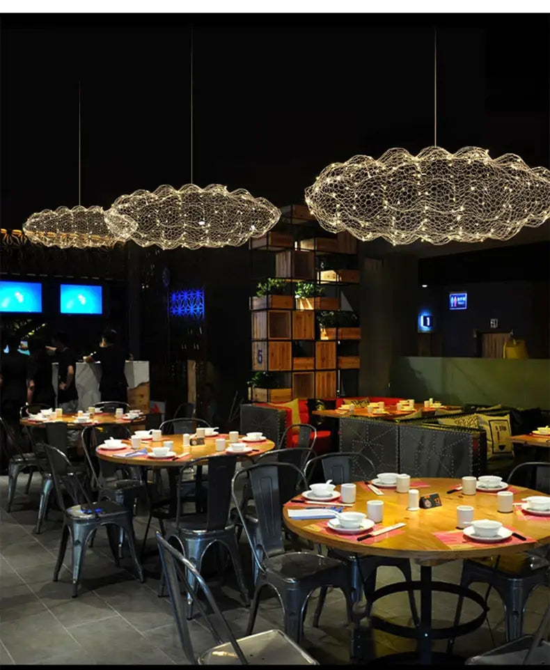 Decorbites™ gold cloud pendant lights with delicate glowing wireframe and warm led illumination for home and restaurant