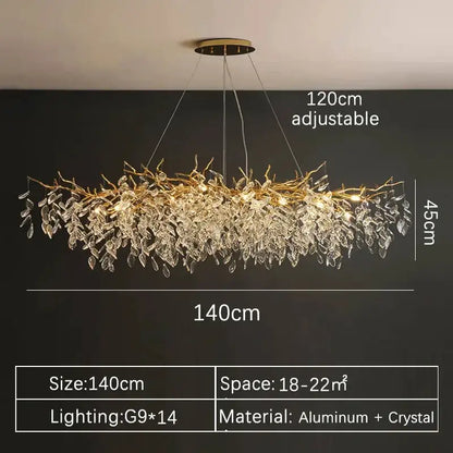 A 140cm adjustable decorbites gold crystal led chandelier with a golden aluminum frame and cascading clear crystal leaves