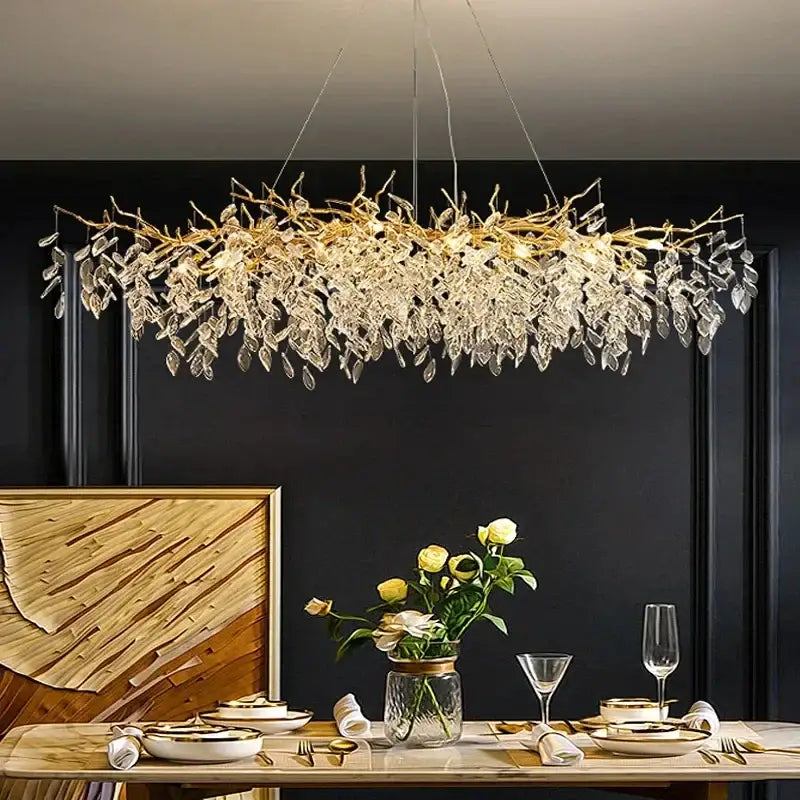 DecorBites gold crystal led chandelier featuring a gold branch design with cascading clear crystal leaves for home lighting