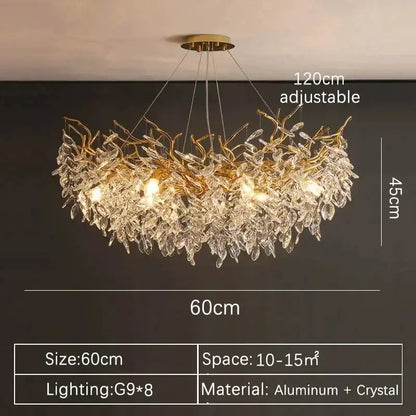 Decorbites gold crystal led chandelier with leaf shape clear crystal accents and eight g9 bulbs for home lighting