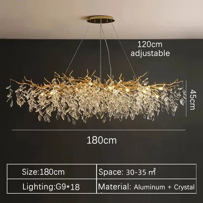 DecorBites™ gold crystal led chandelier with golden aluminum frame and clear crystal leaves for modern interiors