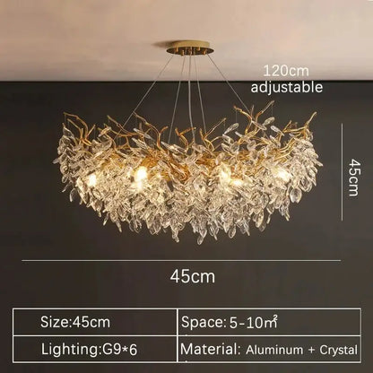 A luxurious DecorBites gold crystal led chandelier with cascading crystal leaves, six g9 bulbs, aluminum and crystal