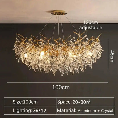 Luxurious DecorBites gold crystal led chandelier with cascading crystal leaves crafted from aluminum and crystal for home lighting