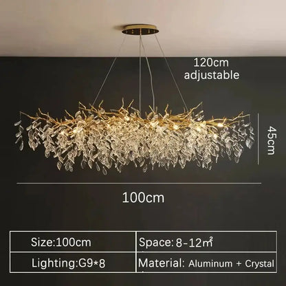 A modern 100cm gold crystal led chandelier with a golden aluminum frame and cascading clear crystal leaves for home lighting