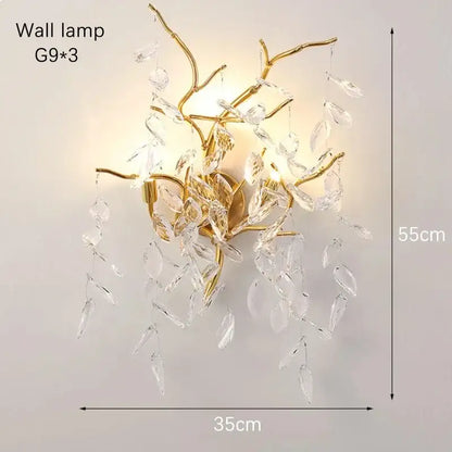 DecorBites™ gold crystal led branch wall lamp with dangling clear crystal leaves for elegant home lighting