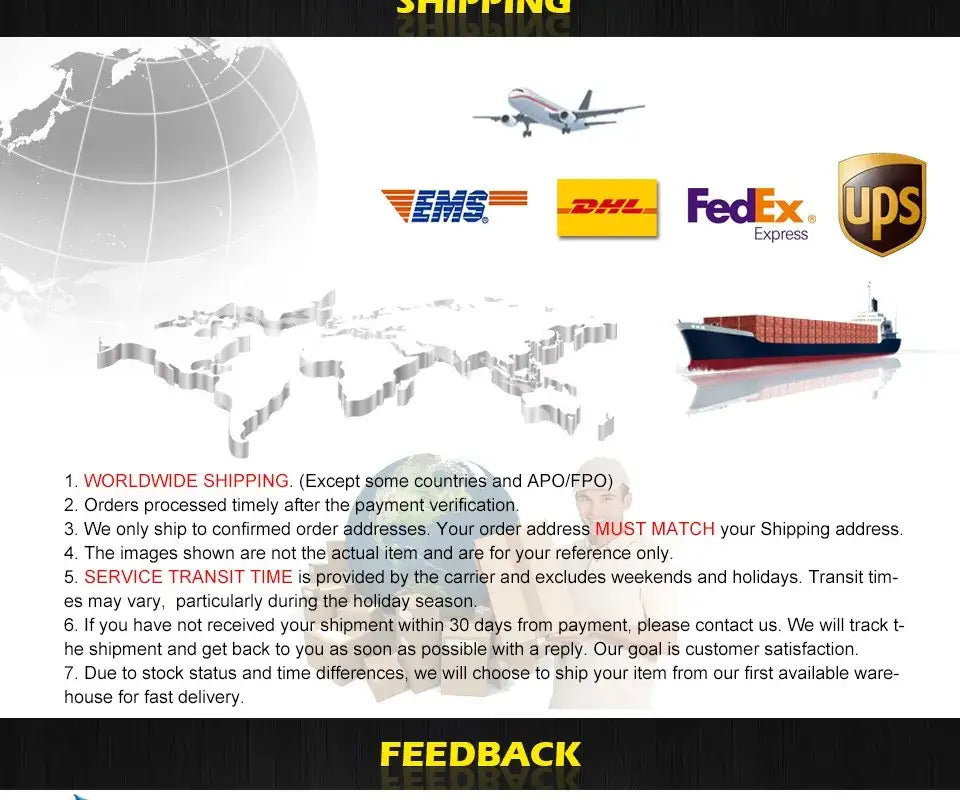 The image shows international shipping logos for the DecorBites gold glass bubble chandelier for dining room use