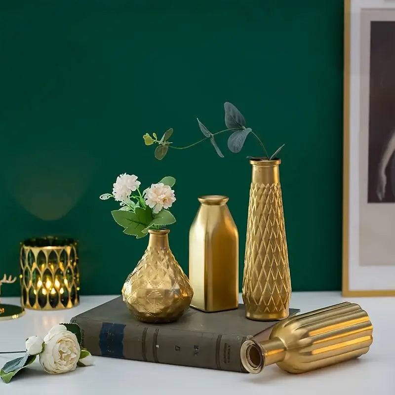 DecorBites™ gold glass vase with textured diamond pattern in varying shapes for antique art style home decor