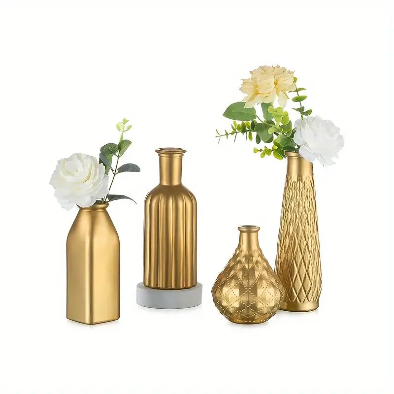 Set of four gold glass vase with textured surfaces holding artificial flowers home decor by decorbites