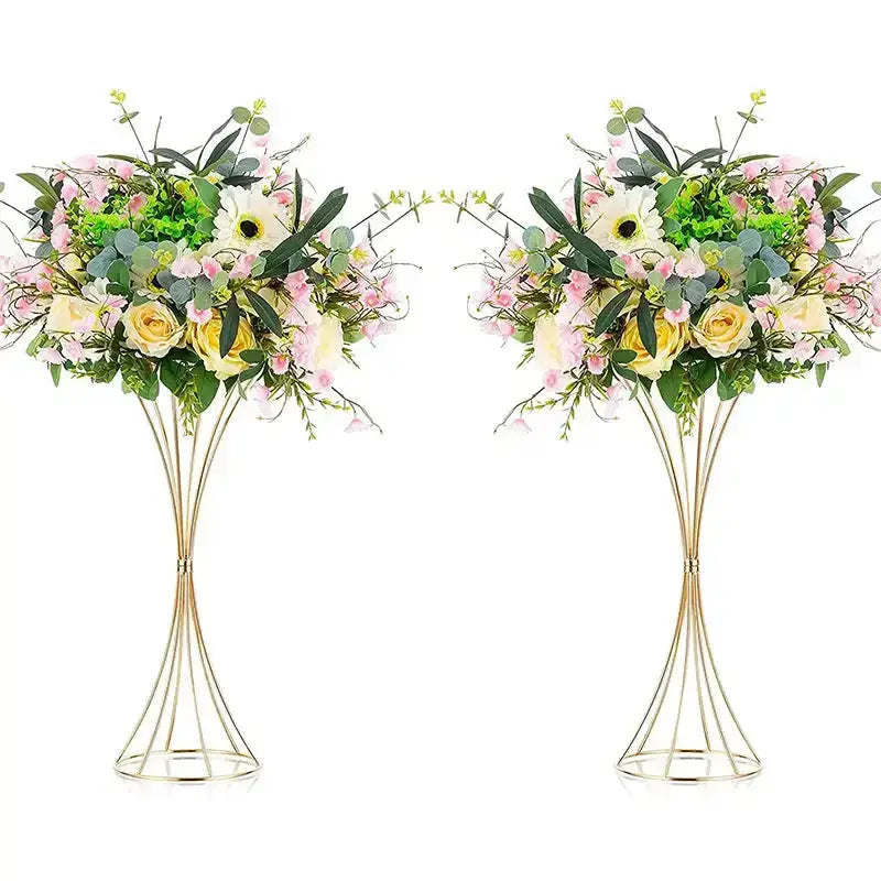 DecorBites gold iron flower vase set features elegant gold-toned wireframe stands with soft pink yellow and white flowers