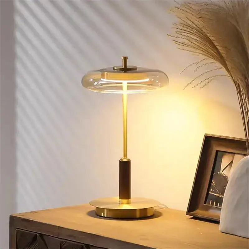 Decorbites gold lustre modern table lamp with gold lustre glass mushroom shade for bedroom wood accent