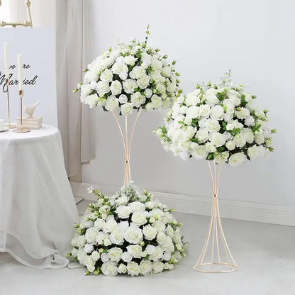 Elegant white rose floral arrangements displayed on decorbites™ gold metal trumpet flower stand vases made of metal