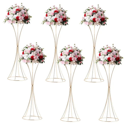 DecorBites gold metal trumpet flower stands holding lush pink red and white artificial rose arrangements
