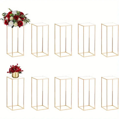 Decorbites gold metal vase set featuring gold-colored metal rectangular pedestal stands for home events decor